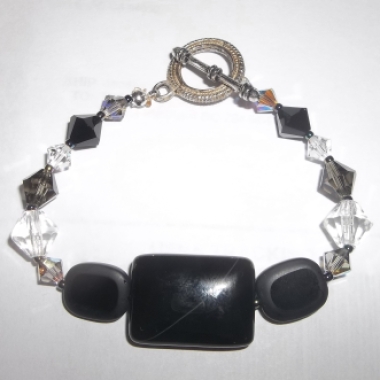 Black Onyx Bracelet with Vintage Glass Beads and Swarovski Crystal in Antique Silver