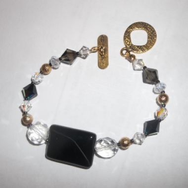 Black Onyx Bracelet with Swarovski and Czech Crystal in Antique Gold.